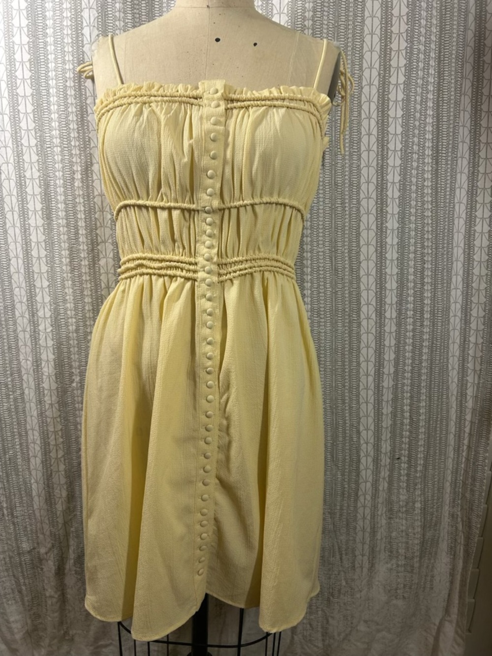 Amuse Light Yellow Spaghetti-Strap Tiered Mini Dress with Button Front